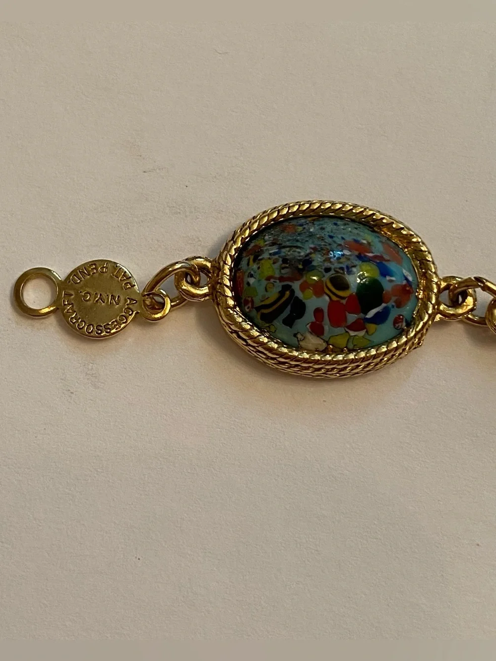 VINTAGE ACCESSOCRAFT NYC BRACELET GOLD TONE BLUE MULTICOLOR GLASS LINKS 7”